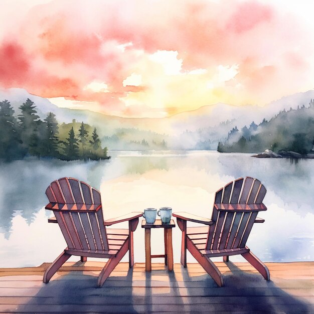 there are two chairs sitting on a dock overlooking a lake generative ai