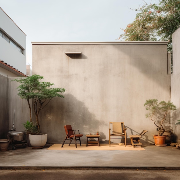 there are two chairs and a table in a courtyard generative ai