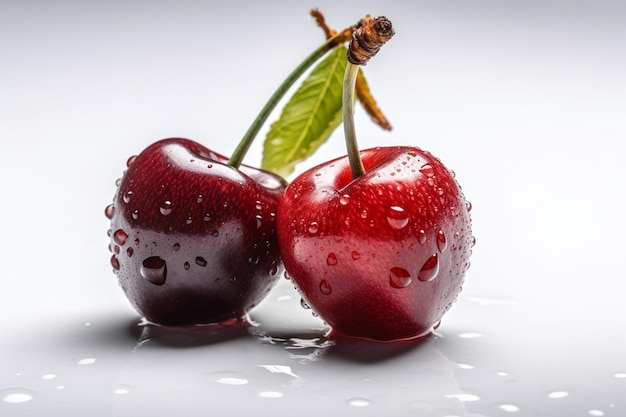 There are two cherries with water droplets on them on a white surface generative ai