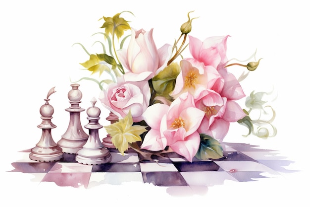 there are two chess pieces and a bouquet of flowers on a checkered table generative ai