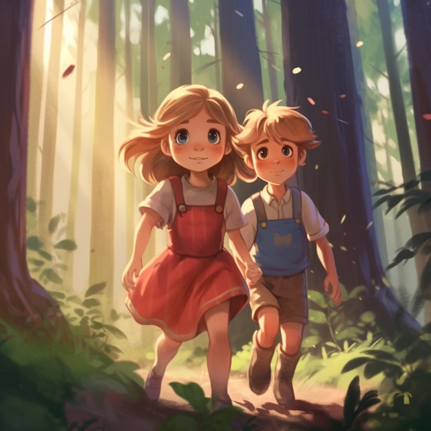 there are two children walking in the woods together generative ai