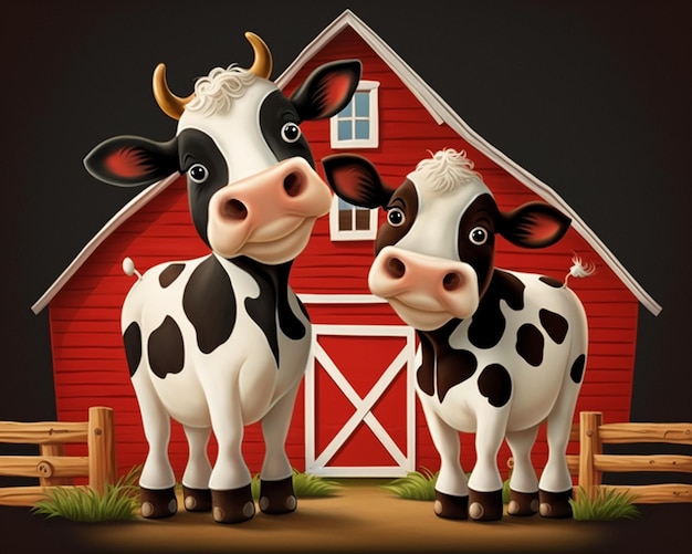 There are two cows standing in front of a barn with a red roof generative ai