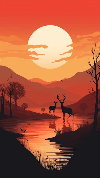 There are two deer standing in the water at sunset generative ai