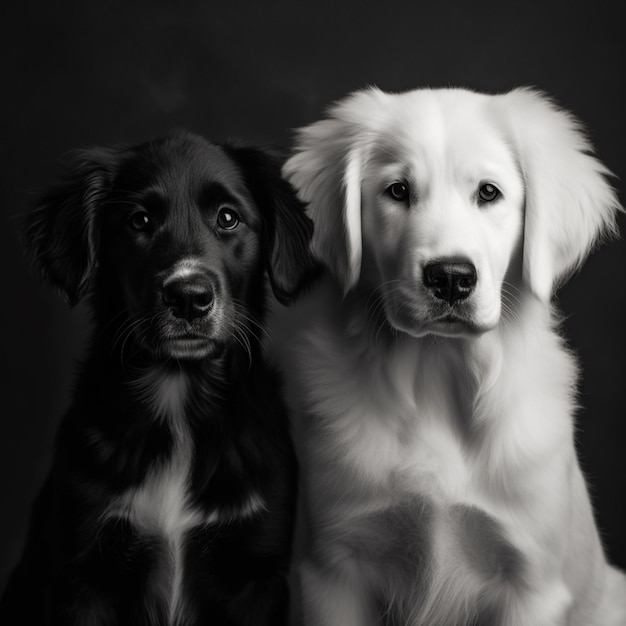 There are two dogs sitting next to each other on a black background generative ai