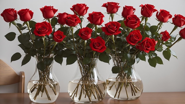 There are two dozen red roses in a clear vase partially filled with water