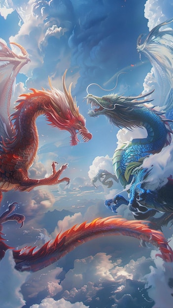 there are two dragon flying in the sky with clouds generative ai