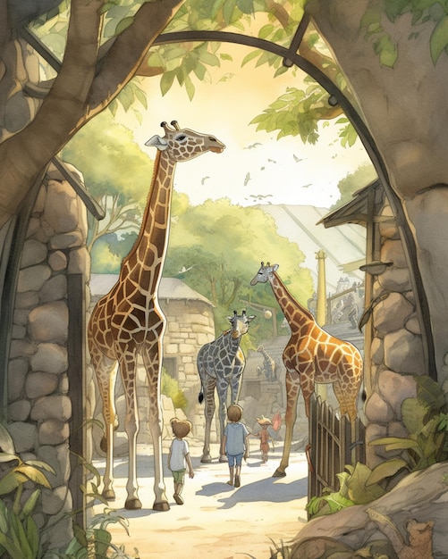 There are two giraffes and a child standing in a zoo generative ai