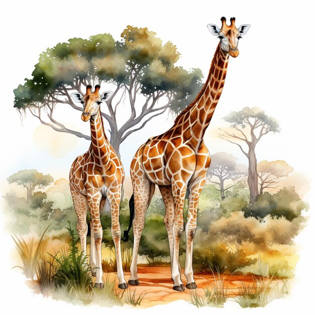 there are two giraffes standing in the grass near a tree generative ai