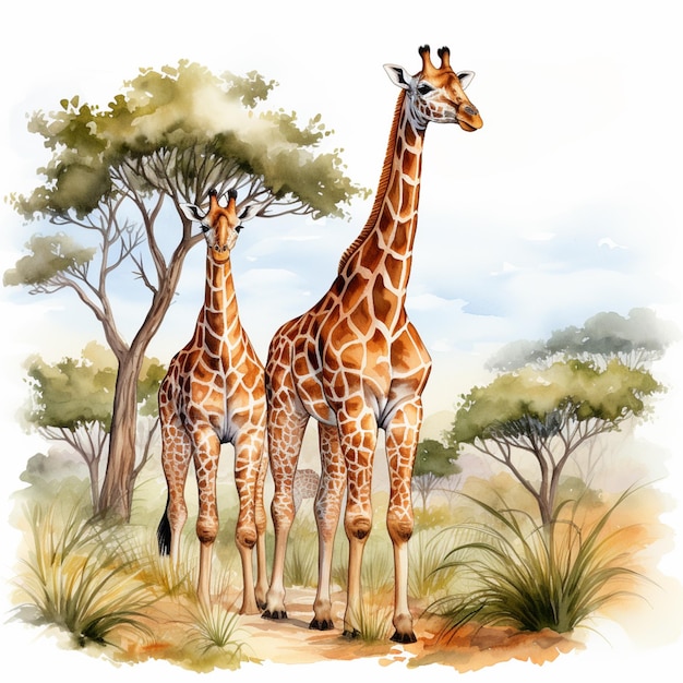 there are two giraffes standing in the grass near trees generative ai