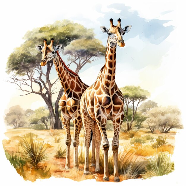 there are two giraffes standing in the grass near trees generative ai