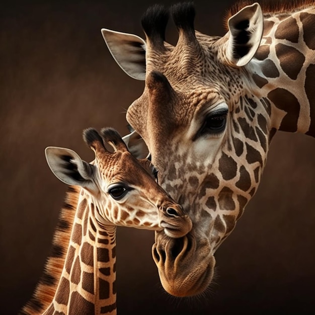 There are two giraffes that are standing together in the dark generative ai