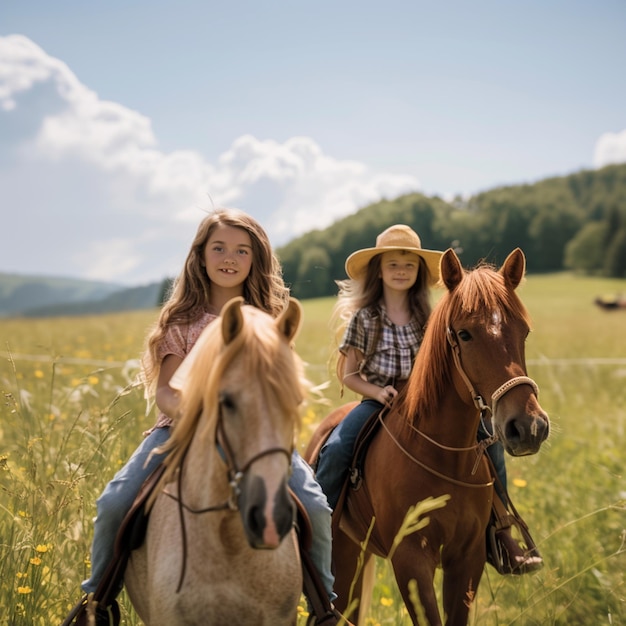 there are two girls riding horses in a field of tall grass generative ai