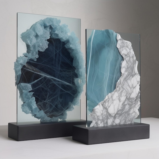 There are two glass sculptures of different shapes on a table generative ai