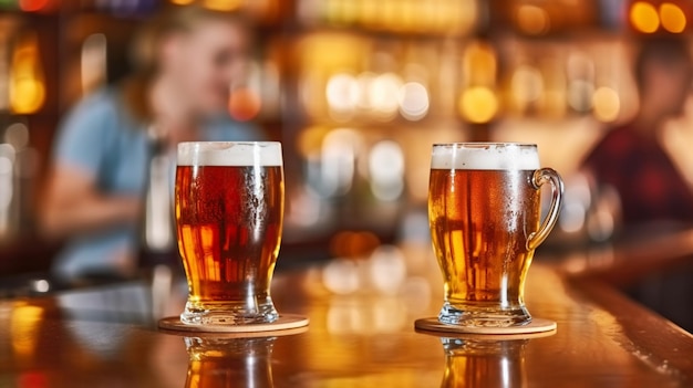 There are two glasses of beer sitting on a bar with people in the background generative ai