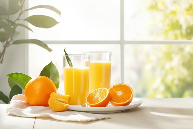 There are two glasses of juice and two oranges on a table