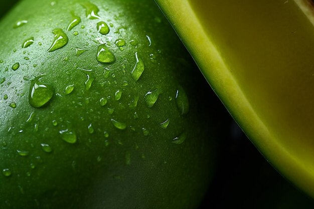 There are two green fruits with water droplets on them generative ai