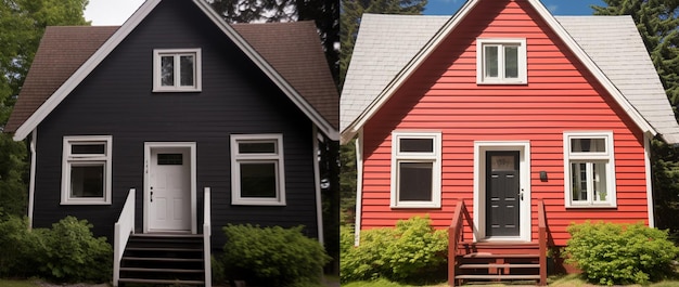 Photo there are two houses that are painted red and black generative ai