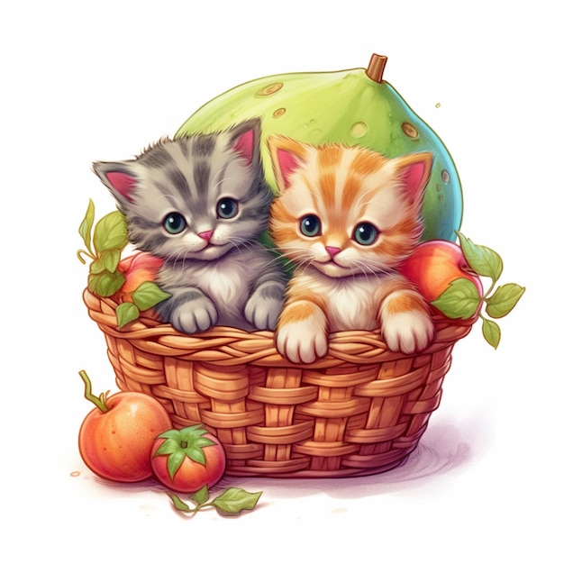 There are two kittens sitting in a basket with apples and pears generative ai