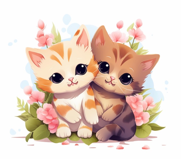 There are two kittens sitting next to each other on a flowery field generative ai