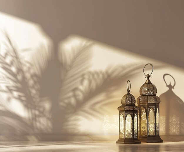 Photo there are two lanterns sitting on a table with a palm tree shadow generative ai