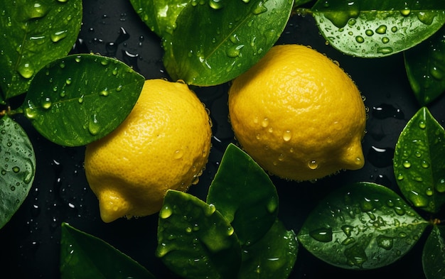 There are two lemons sitting on a black surface with green leaves generative ai