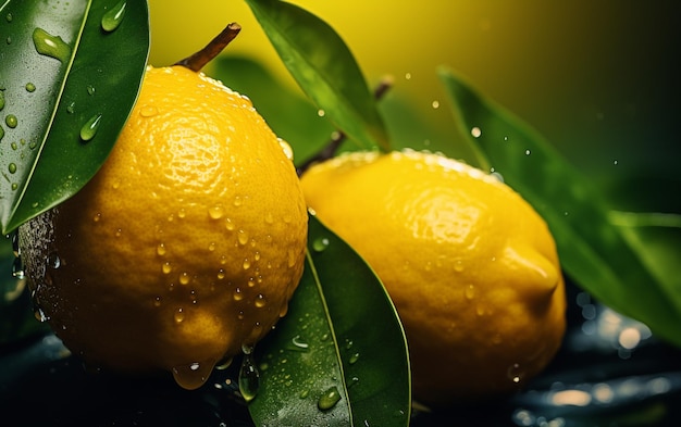 There are two lemons that are sitting on a tree branch generative ai