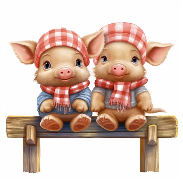 There are two little pigs sitting on a bench wearing hats generative ai