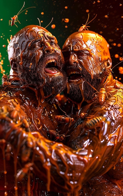 there are two men covered in chocolate and orange liquid generative ai