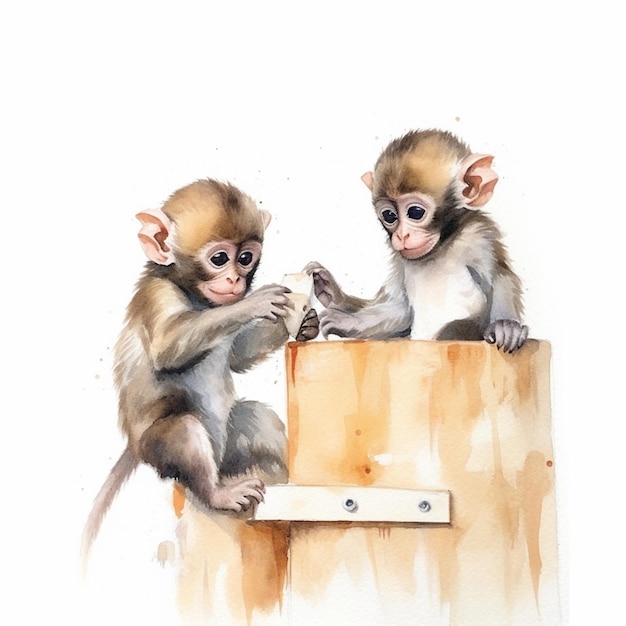 There are two monkeys sitting on a wooden box eating something generative ai