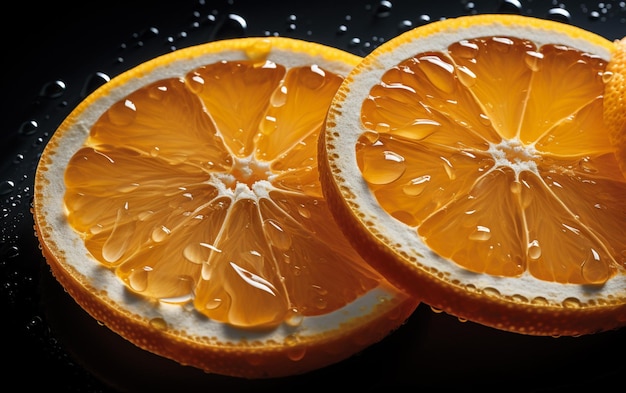 There are two oranges cut in half on a black surface generative ai