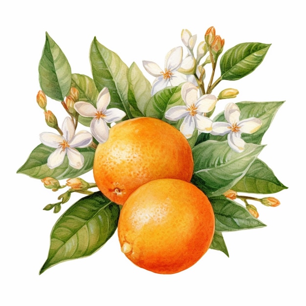 There are two oranges with leaves and flowers on a white background generative ai