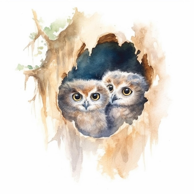 There are two owls that are looking out of a hole generative ai