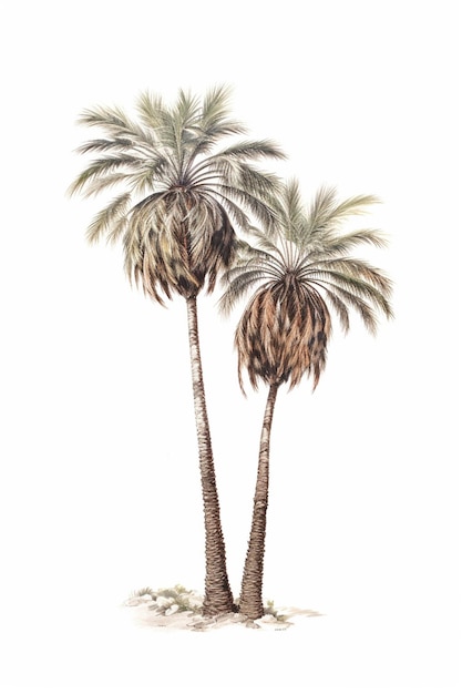 there are two palm trees that are standing in the sand generative ai