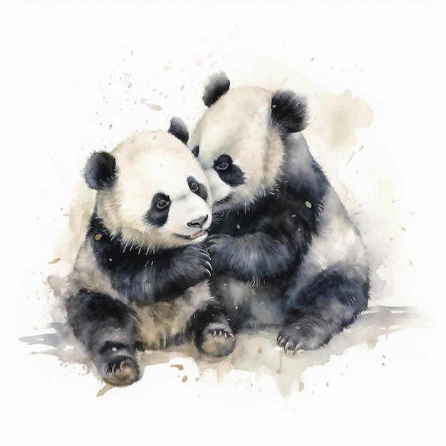 There are two panda bears sitting next to each other on a white surface generative ai