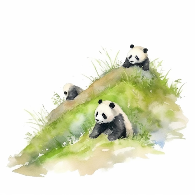 There are two pandas sitting on a hill with grass generative ai