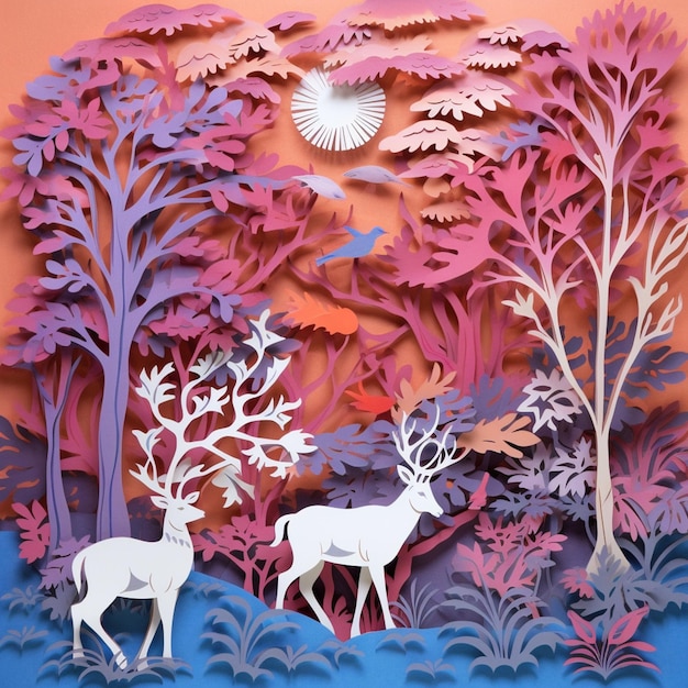 There are two paper cut deers standing in the woods generative ai