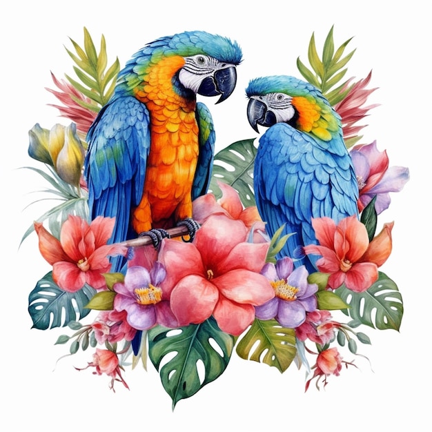 There are two parrots sitting on a branch with flowers generative ai