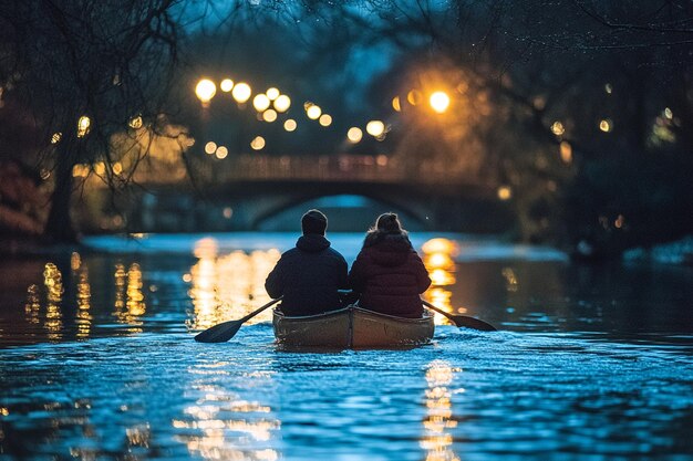 Photo there are two people in a boat on a canal at night