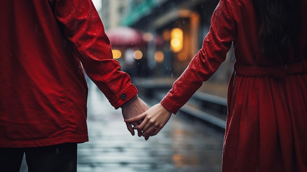 There are two people holding hands in the rain on a rainy day generative ai