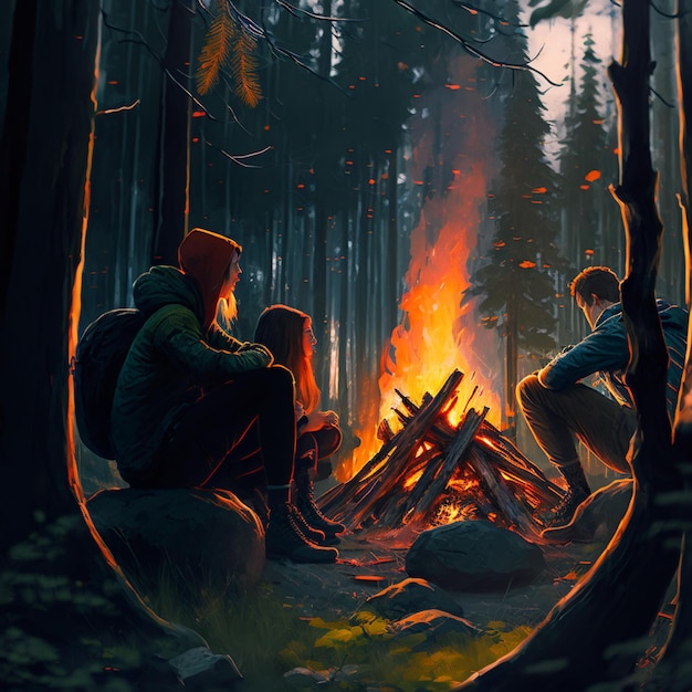 There are two people sitting around a campfire in the woods generative ai