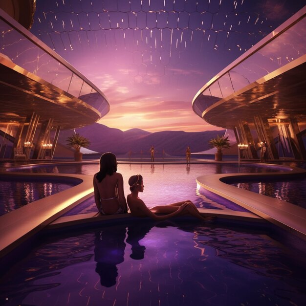 Photo there are two people sitting in a pool watching the stars generative ai