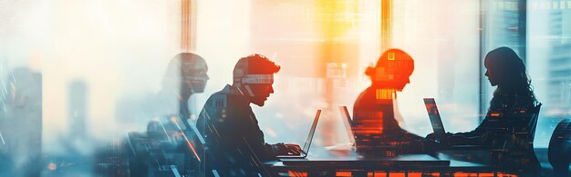 Photo there are two people sitting at a table with laptops