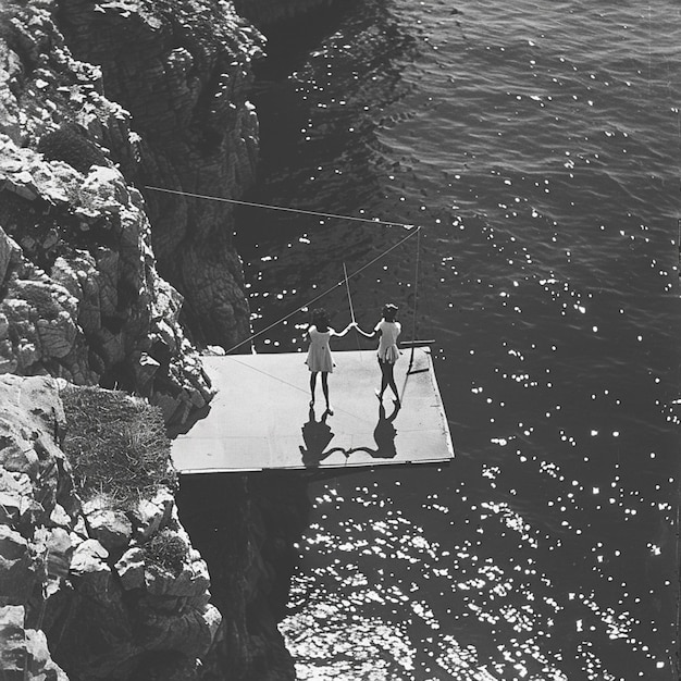 Photo there are two people standing on a bridge over the water generative ai