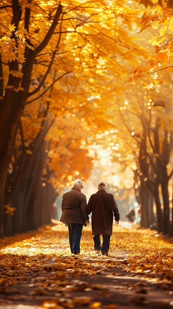 there are two people walking down a path in the fall generative ai