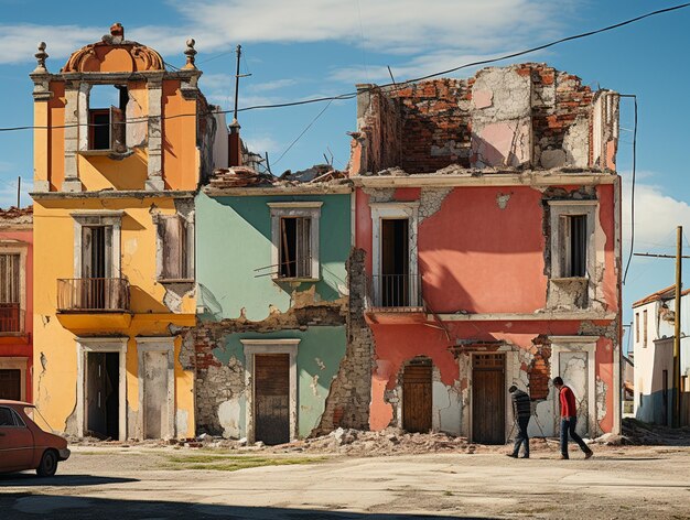 There are two people walking in front of a building that has been demolished generative ai