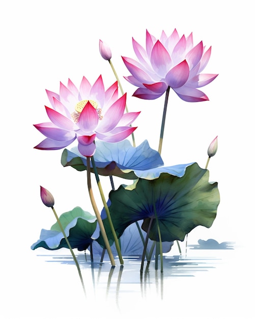 there are two pink lotus flowers in the water with green leaves generative ai