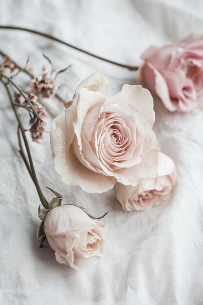 Photo there are two pink roses on a white sheet on a bed generative ai