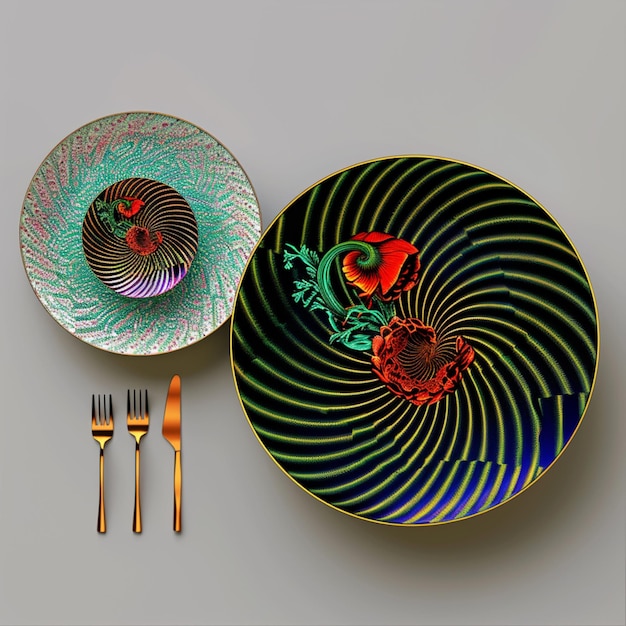 Photo there are two plates with a dragon design on them and a fork and knife generative ai