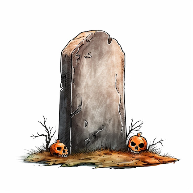 there are two pumpkins sitting on the ground next to a tombstone generative ai