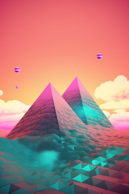 there are two pyramids in the sky with hot air balloons in the background generative ai